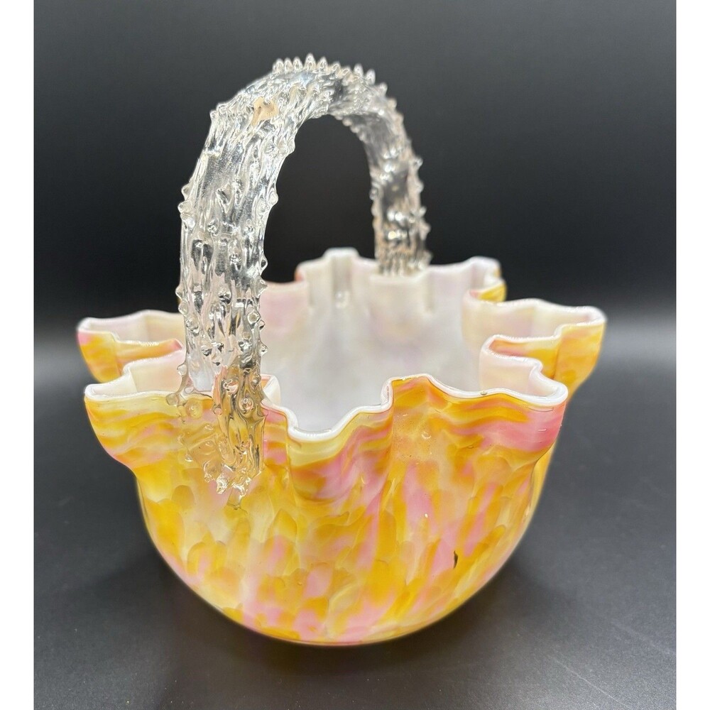 Czech Art Glass Basket Vtg FRANZ WELZ Bohemian Thorn Handle Pink Yellow BOHO 6”